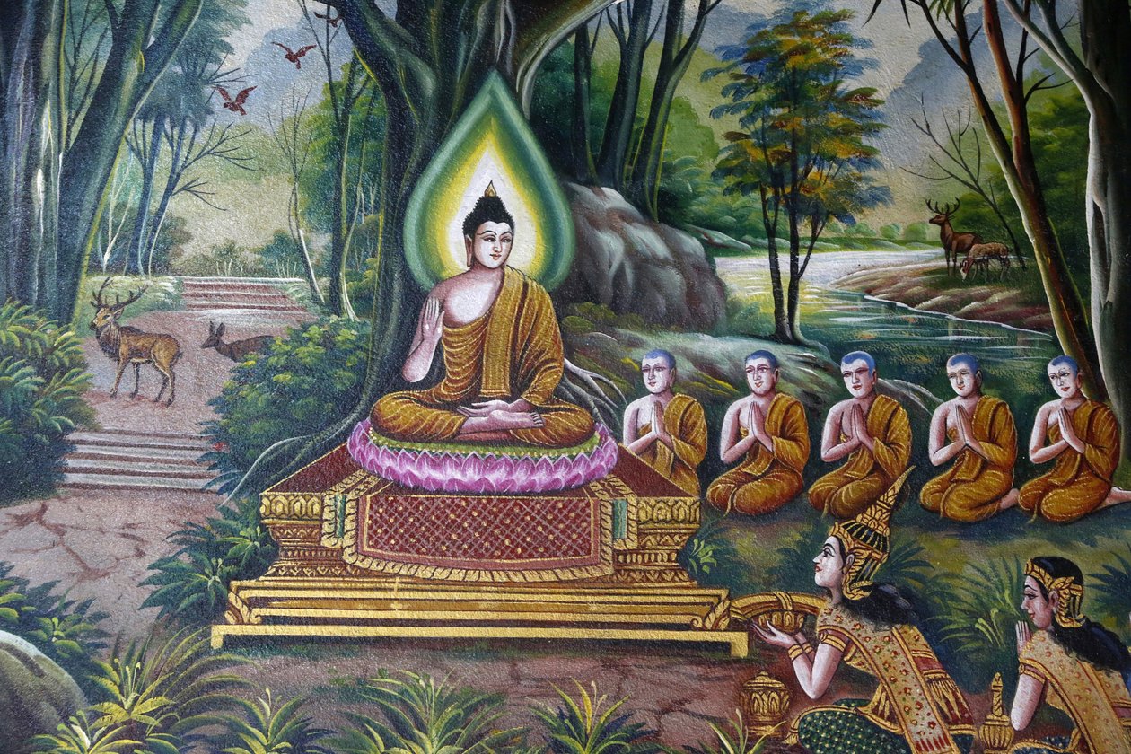 Freske som viser Buddha med tilhengere i Wat Chiang Mun, Chiang Mai. Thailand av Unbekannt