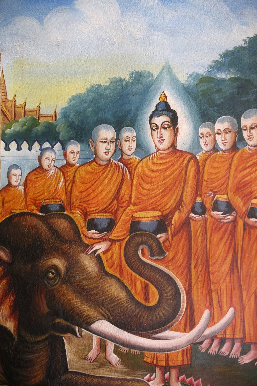 Freske som viser Buddhas sangha med en elefant i Wat Chiang Mun, Chiang Mai. Thailand av Unbekannt
