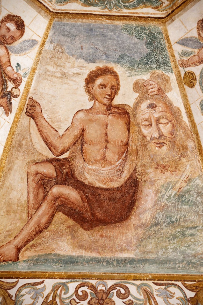 Freskomaleri i den dominikanske kirken, Muro Leccese, Apulia: mann som holder døperen Johannes' hode, Muro Leccese, Italia av Unbekannt