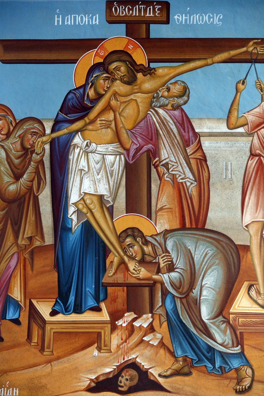 Fresco i Holy Cross Church, Pedoulas. Klage rundt Jesus Kristus på korset, 20150510, Pedoulas, Kypros av Unbekannt