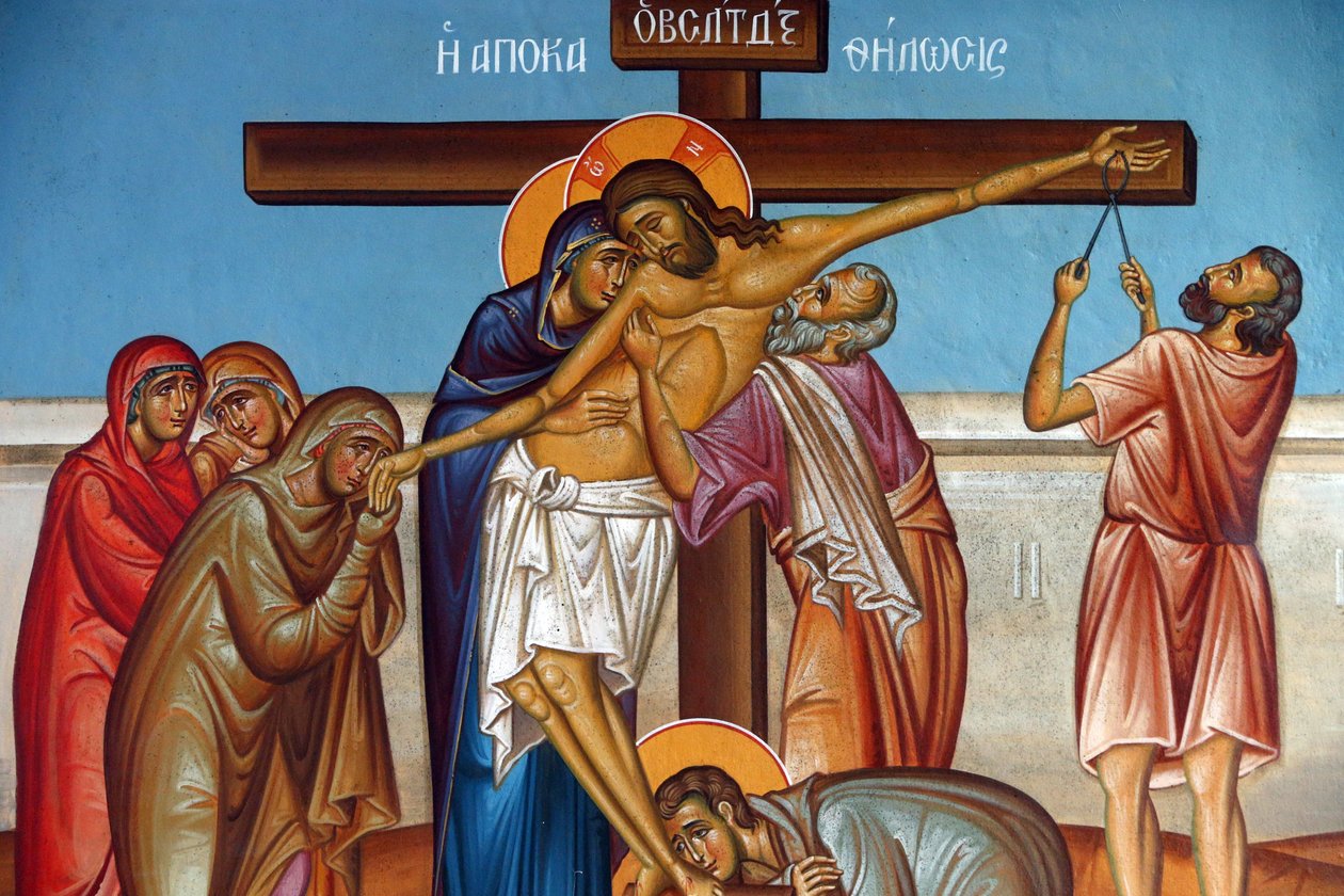Fresco i Holy Cross Church, Pedoulas. Klage rundt Jesus Kristus på korset, 20150510, Pedoulas, Kypros av Unbekannt
