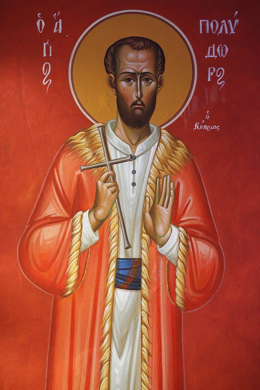 Fresco i Holy Cross Church, Pedoulas. Saint Polydor fra Kypros, 20150510, Pedoulas, Kypros av Unbekannt