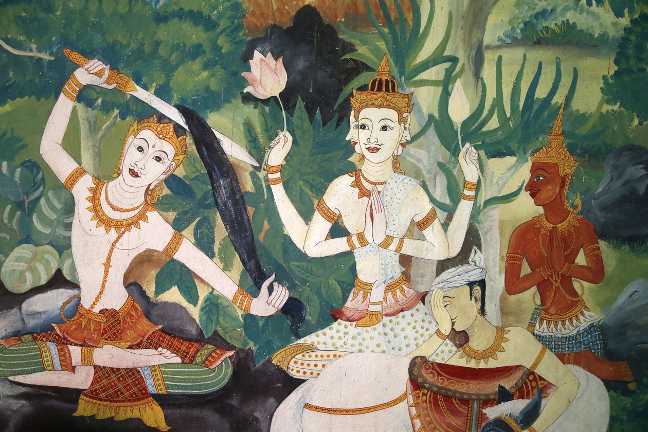 Fresco i Wat Ampharam, Hua Hin, Thailand. Buddha klipper håret og gir avkall på sitt tidligere liv. av Unbekannt