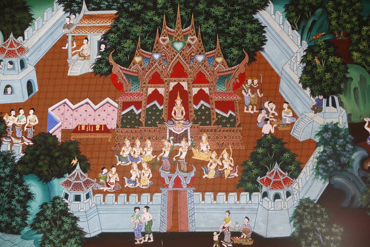 Fresker i Wat Ampharam, Hua Hin, Thailand. Temiya Jataka, også kjent som Muga-Pakkha Jataka, er et av Buddhas tidligere liv. av Unbekannt