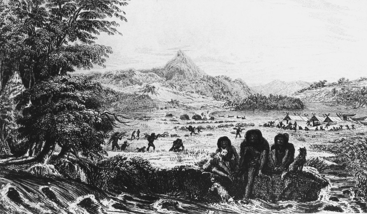 Fuegians ved Woollya, med Fitzroy-ekspedisjonens leir i bakgrunnen, 1831 1839 av Unbekannt