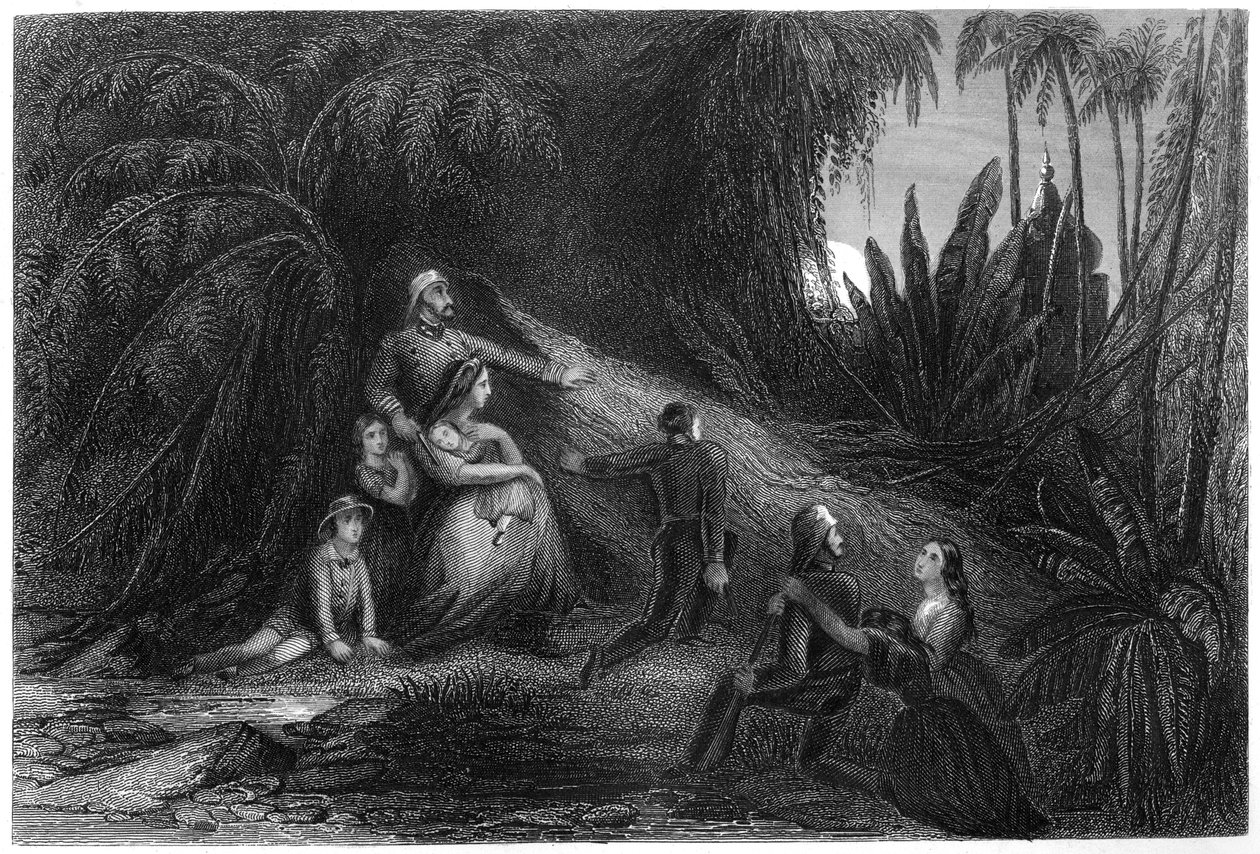 Flyktende offiserer, med familiene deres som gjemmer seg i jungelen, 1857, c1860 av Unbekannt