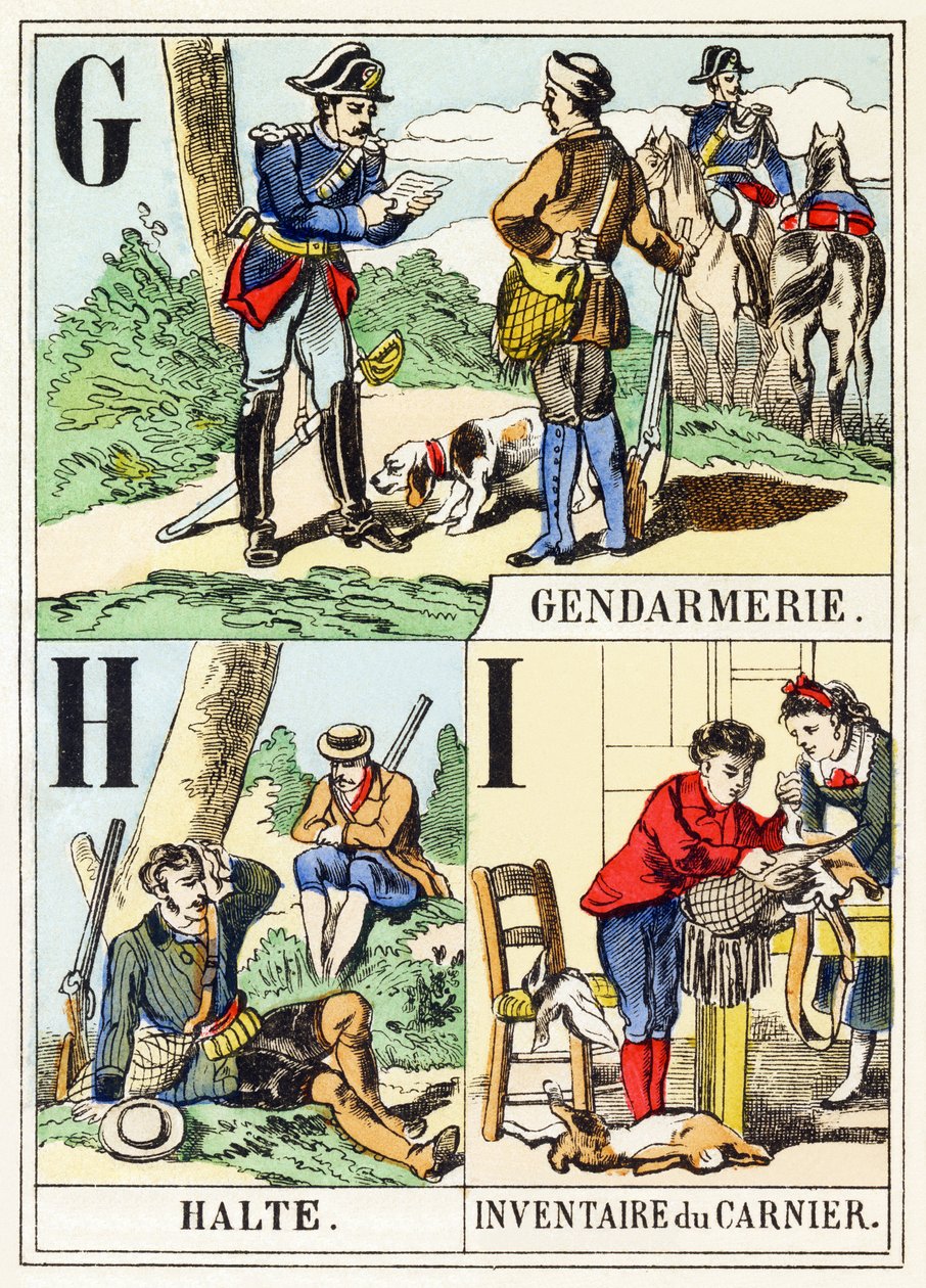 G H I: Gendarmerie, Halte, Inventaire du gamenier - The Hunting Alphabet, ca. 1890 (gravering) av Unbekannt
