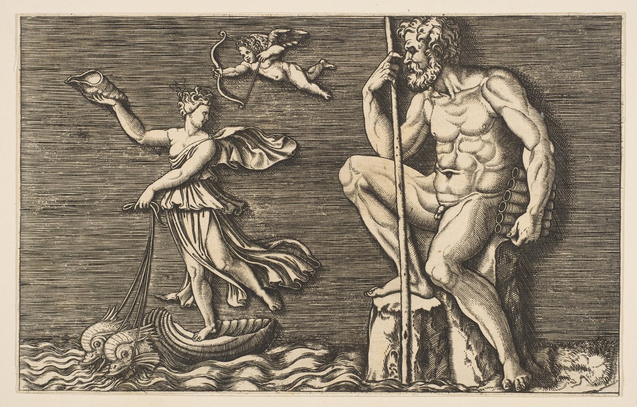 Galatea rømmer Polyphemus, han sitter på en stein med en stav og rør og..., ca. 1515-1600. av Unbekannt