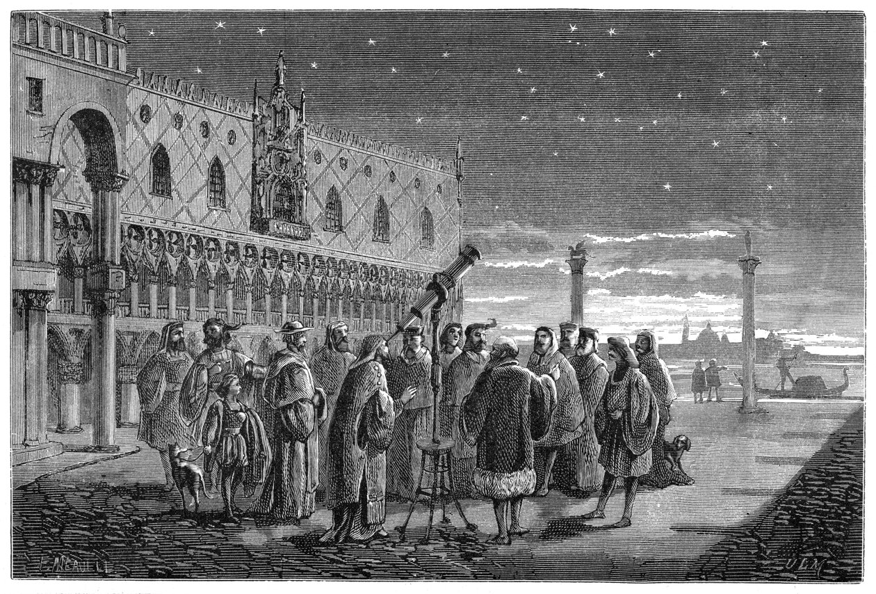 Galileo demonstrerer teleskopet sitt, Venezia, 1609 1870 av Unbekannt