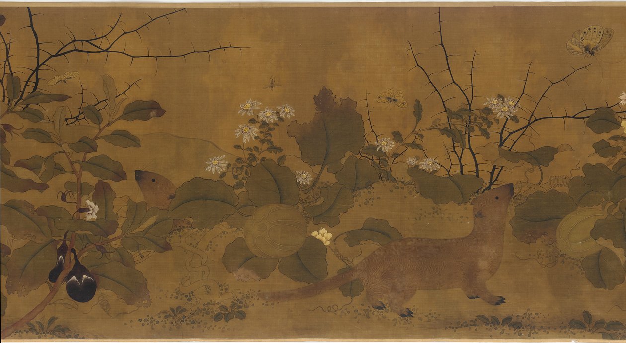 Hagescene: meloner, eggplanter, blomster og to veslinger, 1368-1644. av Unbekannt