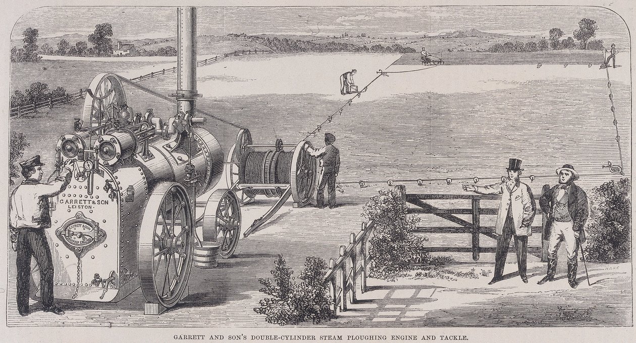 Garrett & Sons dobbeltsylindret damppløyemotor og redskap, c1862 av Unbekannt