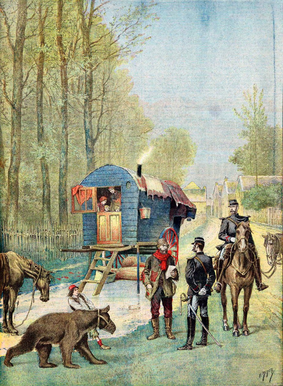 Gendarmer som tar folketellingsskjemaer til et leir av omreisende sigøynere i campingvognen deres, 1895 av Unbekannt