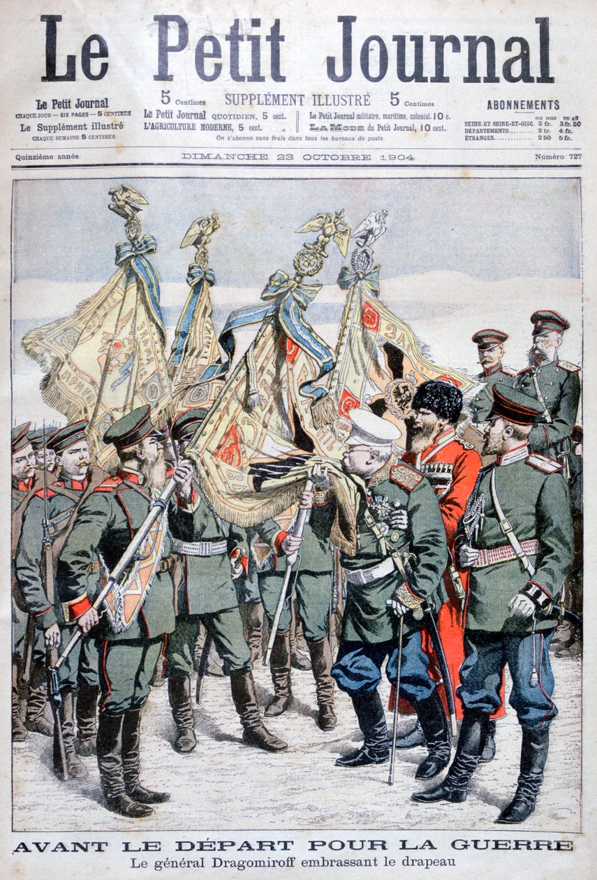 General Dragomirov kysser flagget før troppene drar til den russisk-japanske krigen, 1904 av Unbekannt