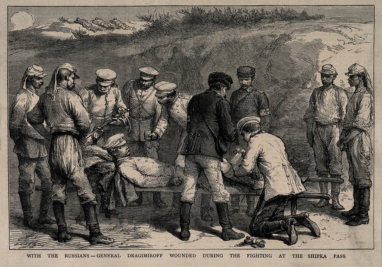 General Mikhail Dragomirov såret under slaget ved Shipka-passet, ca 1878 av Unbekannt