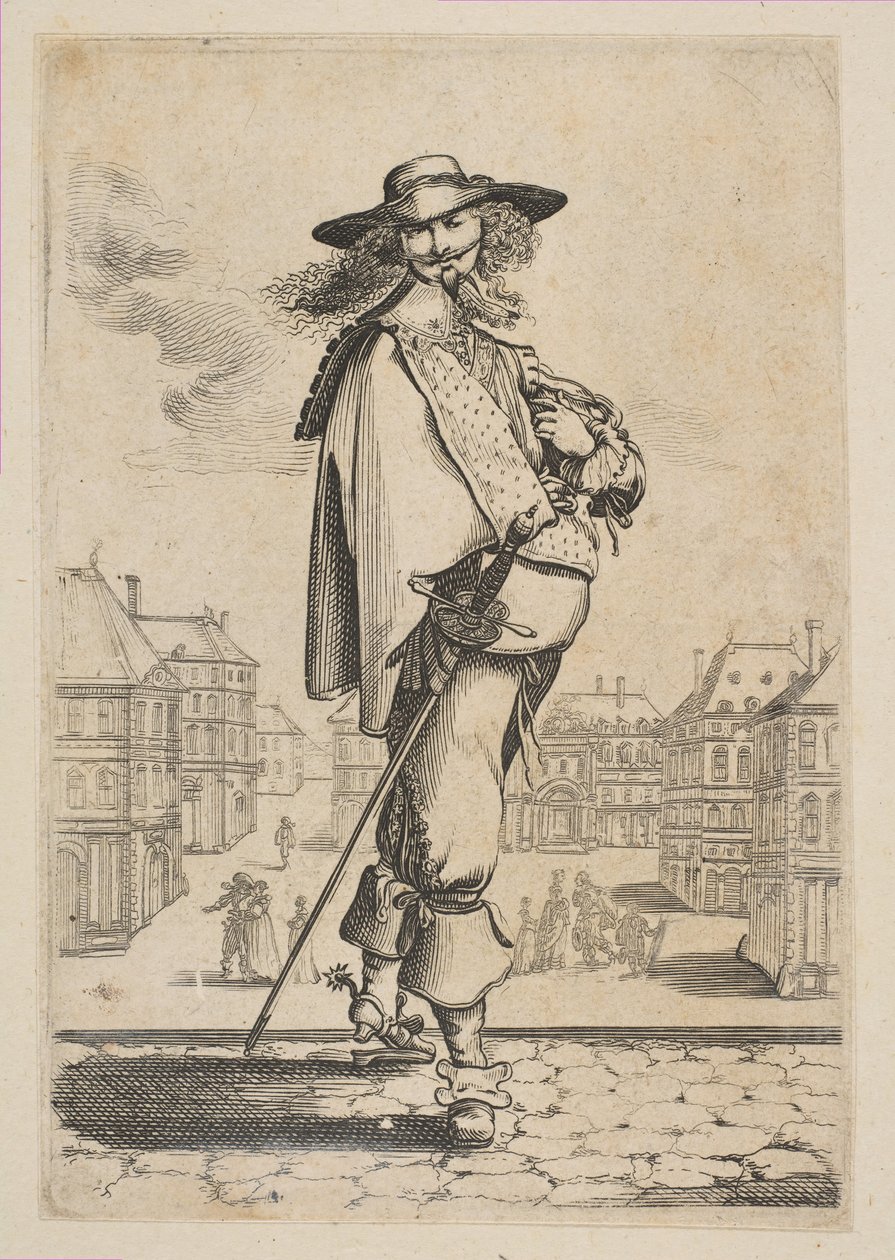 Gentleman med et sverd foran noen bygninger, 1629. av Unbekannt