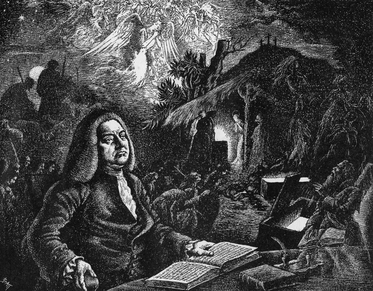 George Frideric Handel 1685-1759 komponerer sin Messias, c1700-tallet av Unbekannt
