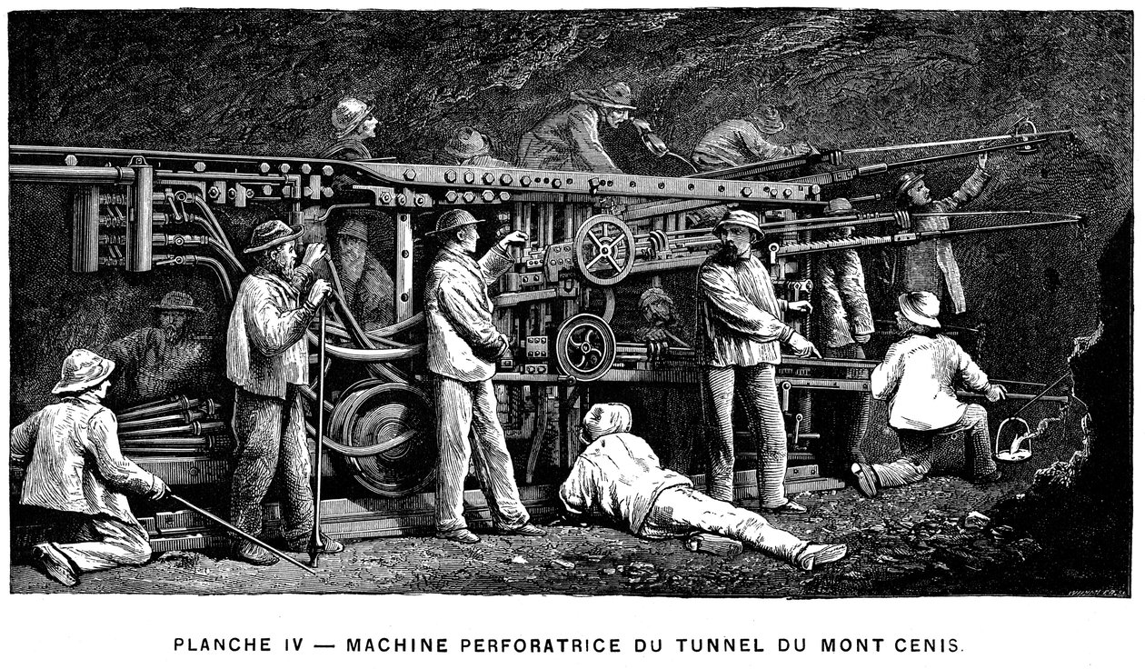 Germain Sommeillers trykkluft-bergbor brukt i utgraving av Mont Cenis-tunnelen, 1874 av Unbekannt