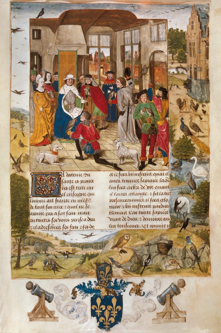 Tysk keiser Frederic II av Hohenstaufen omgitt av falkejegere, miniatyr. av Unbekannt