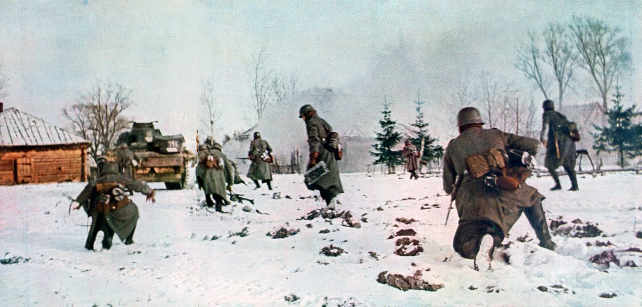 Tyske infanterister etter en stridsvogn mot Moskva i snøen, Russland, 1941 av Unbekannt