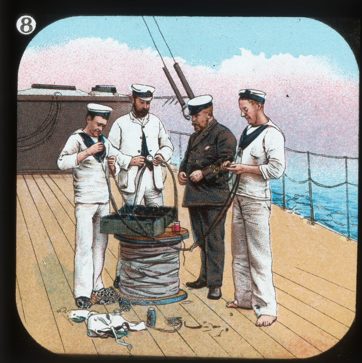 Klargjøring av elektrisk lys -- H.M.S. Edinburgh, ca 1900. av Unbekannt