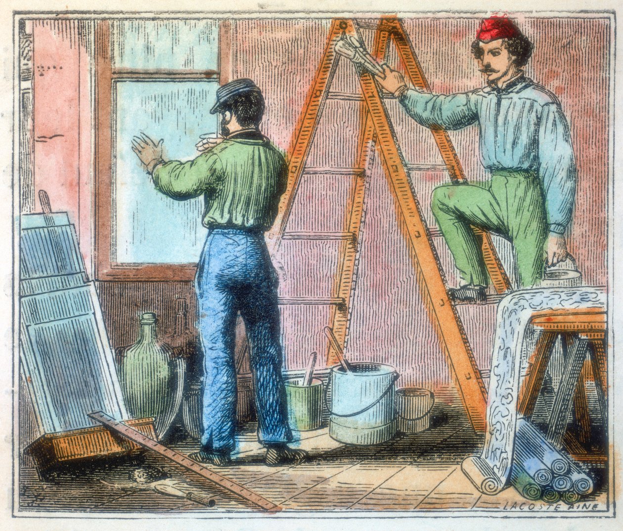 Glassmester og tapethenger arbeider i et hus, 1867 av Unbekannt