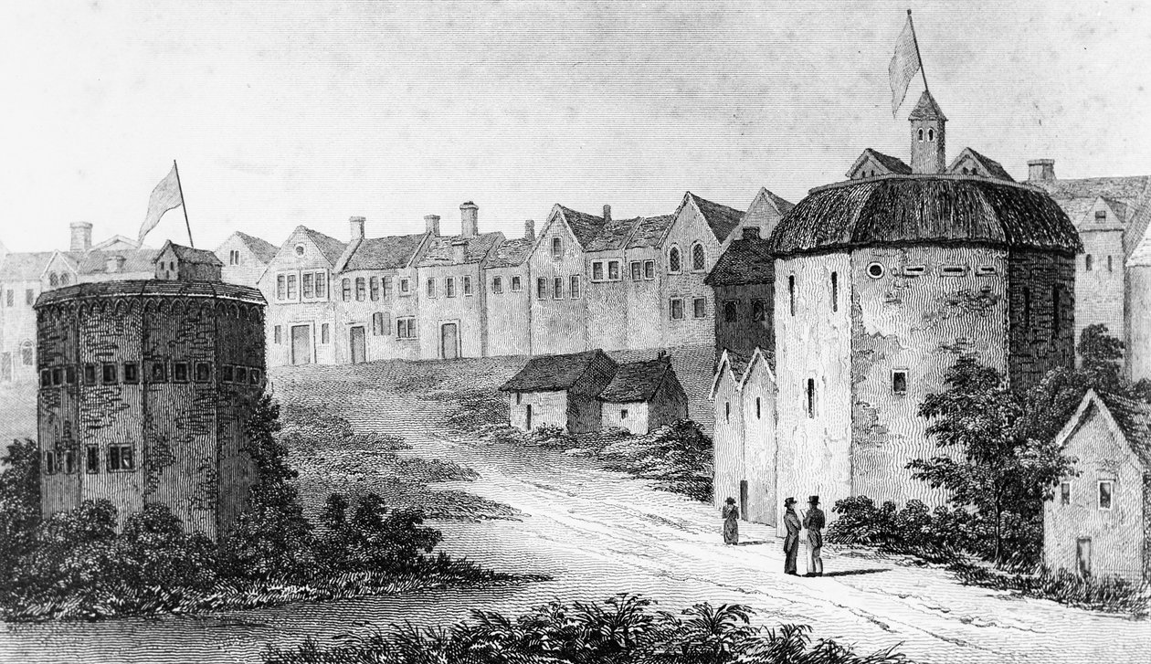 Globe Theatre, Bankside, Southwark right and the Bear Garden, c1597 1825 av Unbekannt