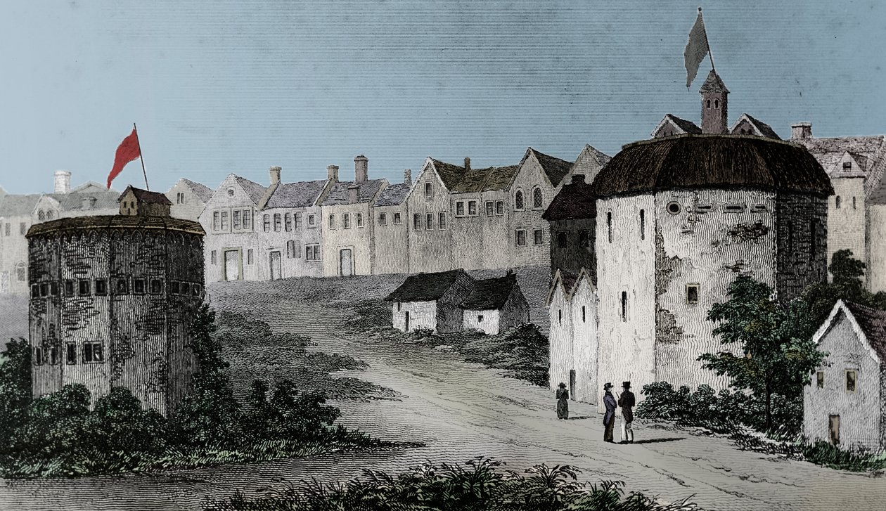 Globe Theatre, Bankside, Southwark right and the Bear Garden, c1597 1825. av Unbekannt