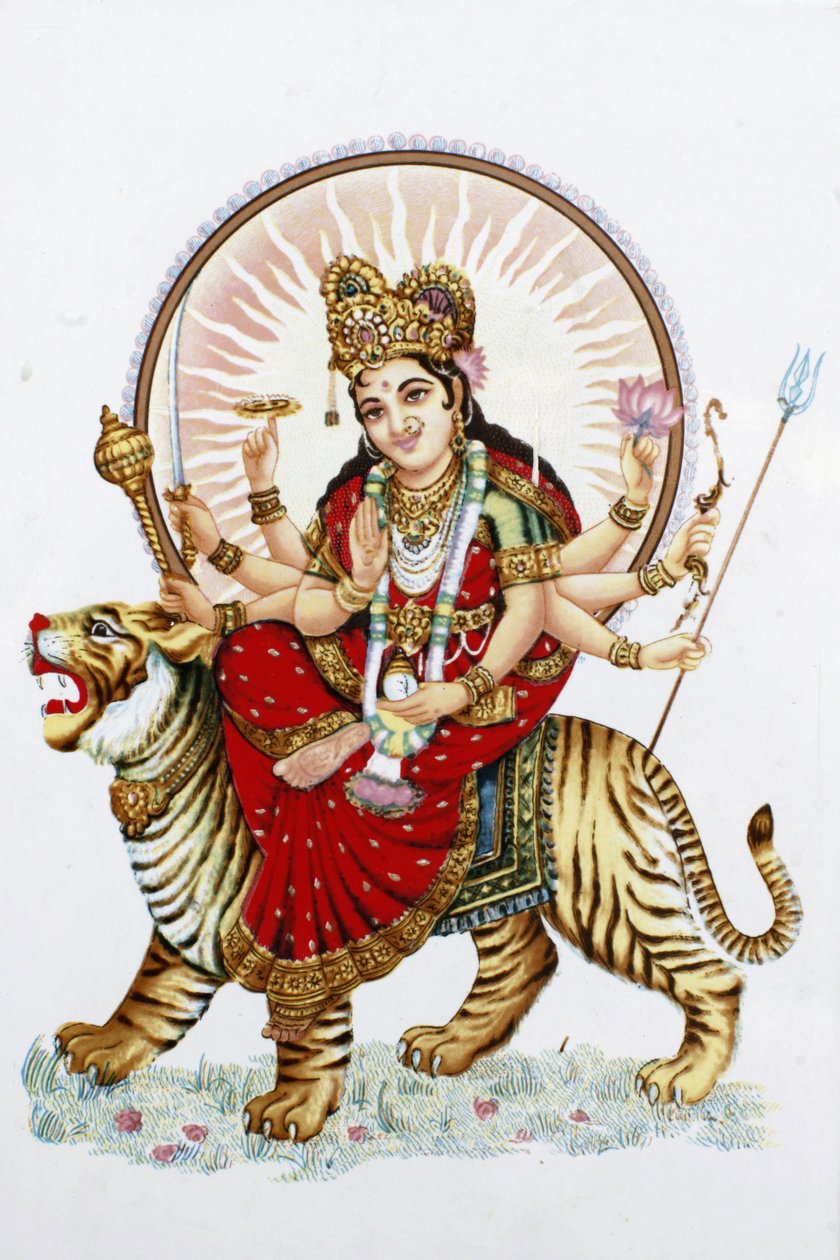 Gudinnen Sherawali (Durga) rir på en tiger Rishikesh India av Unbekannt