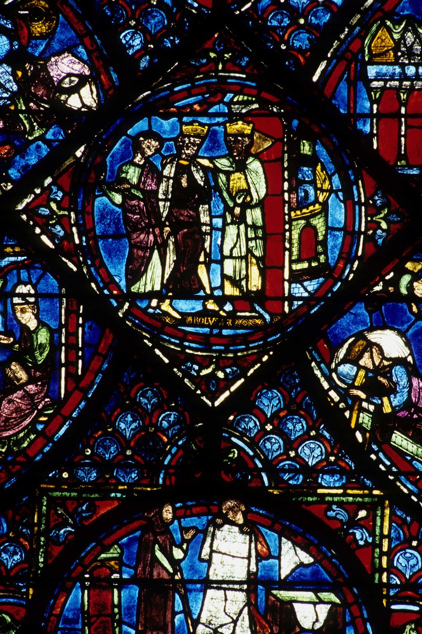 Gotisk arkitektur. Histoire de Charlemagne (detalj): Charlemagne (742-814) mottatt av Konstantin I, bysantinsk keiser. Farget glass av den nordlige ambulatoriet, absidial. Cathedrale de Chartres. av Unbekannt