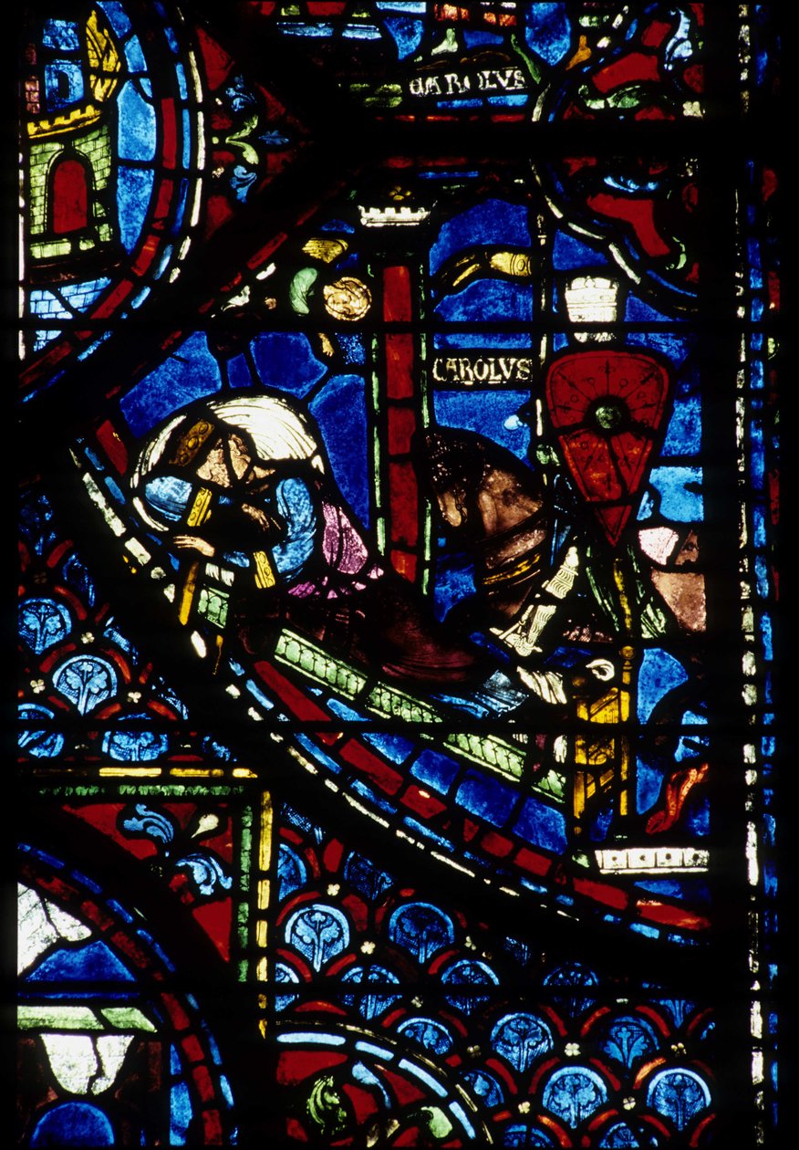 Gotisk arkitektur. Histoire de Charlemagne (detalj): Visjon av Konstantin (I, keiser bysantinsk). Farget glass av den nordlige ambulatoriet, absidial. Cathedrale de Chartres. av Unbekannt
