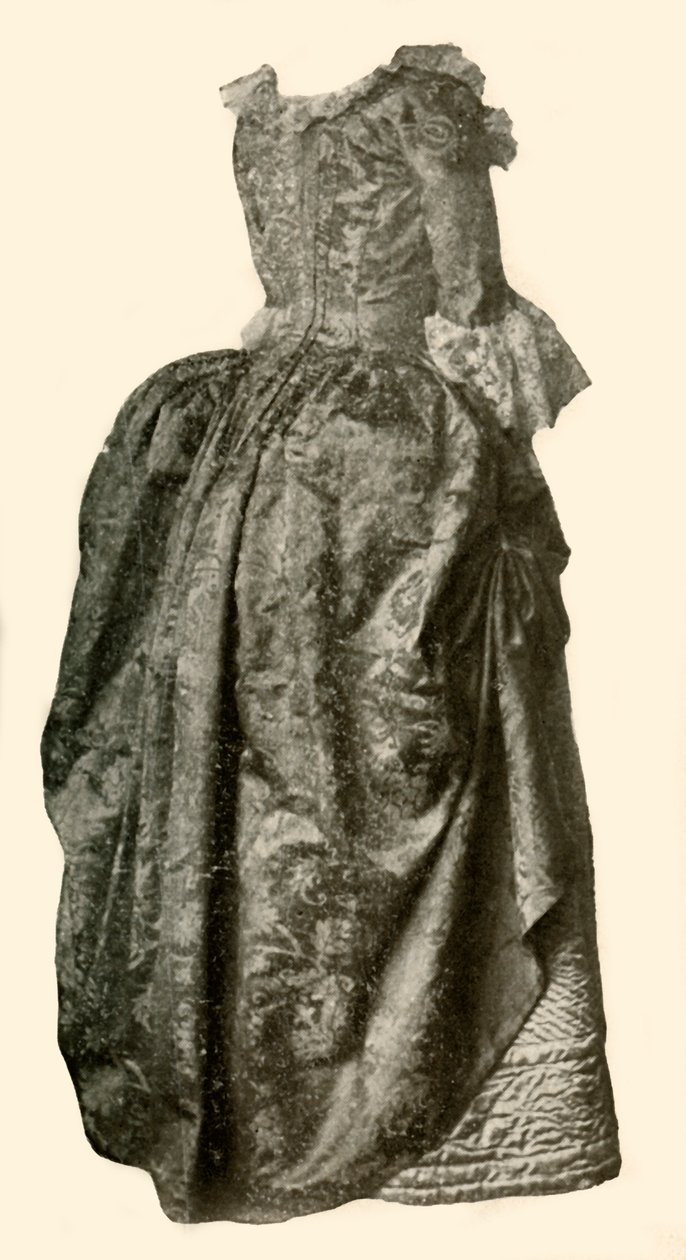 Kjole av gul damaskbrokade båret over en blå vattert sateng underkjole, c1710-1730, 1937. av Unbekannt