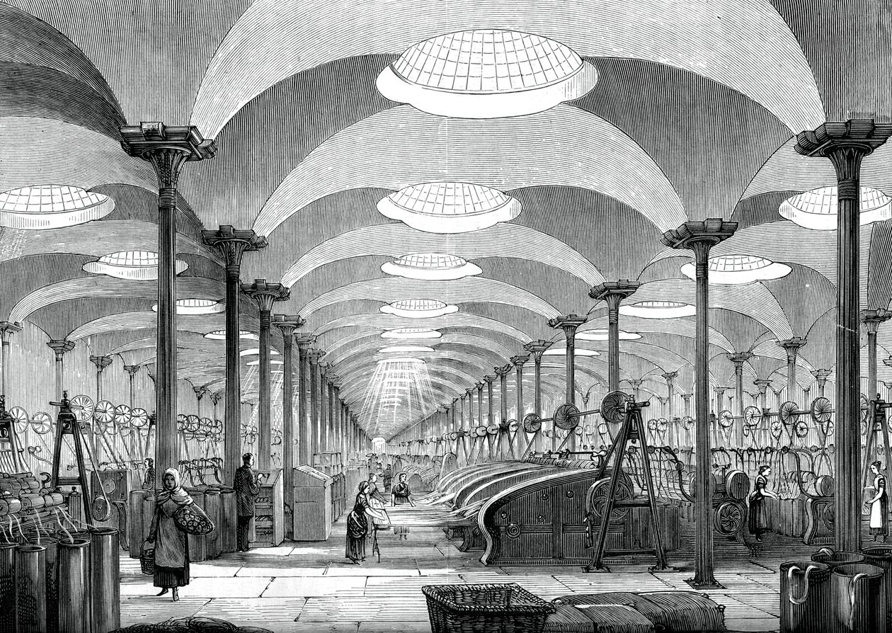 Stor hall i Mrs Marshalls linfabrikk, Leeds, c1880 av Unbekannt
