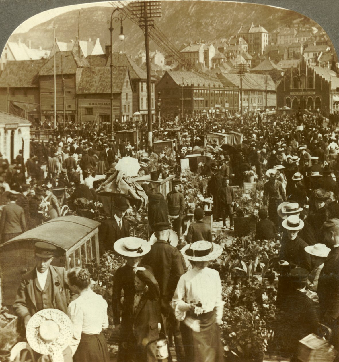 Stor markedsplass for travle Bergen, blomstermarkedet N. til fisketorget, Norge, c1905. av Unbekannt