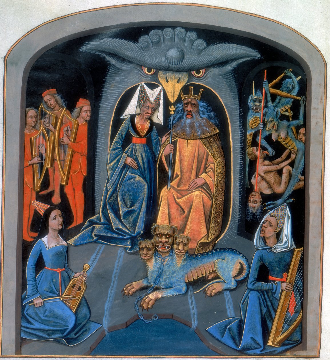 De greske gudene Pluto og Persephone sitter sammen med Cerberus, den trehodede hunden, fra 1400-tallet av Unbekannt