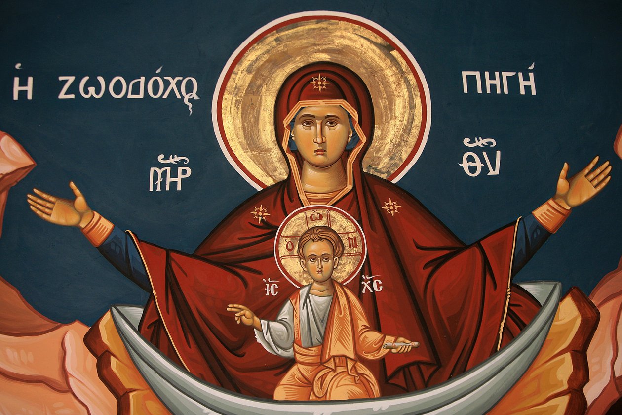 Gresk-ortodoks ikon som viser Maria som en livsbrønn Thessalonique Hellas av Unbekannt