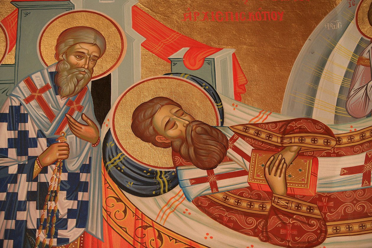 Gresk-ortodoks ikon som skildrer Saint Gregory Palamas sin sovesal (død) Thessalonique Hellas av Unbekannt