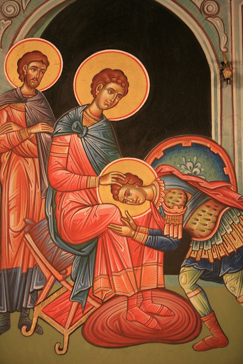 Gresk-ortodoks ikon som viser Saint Nestor og Saint Dimitrios Thessalonique Hellas av Unbekannt