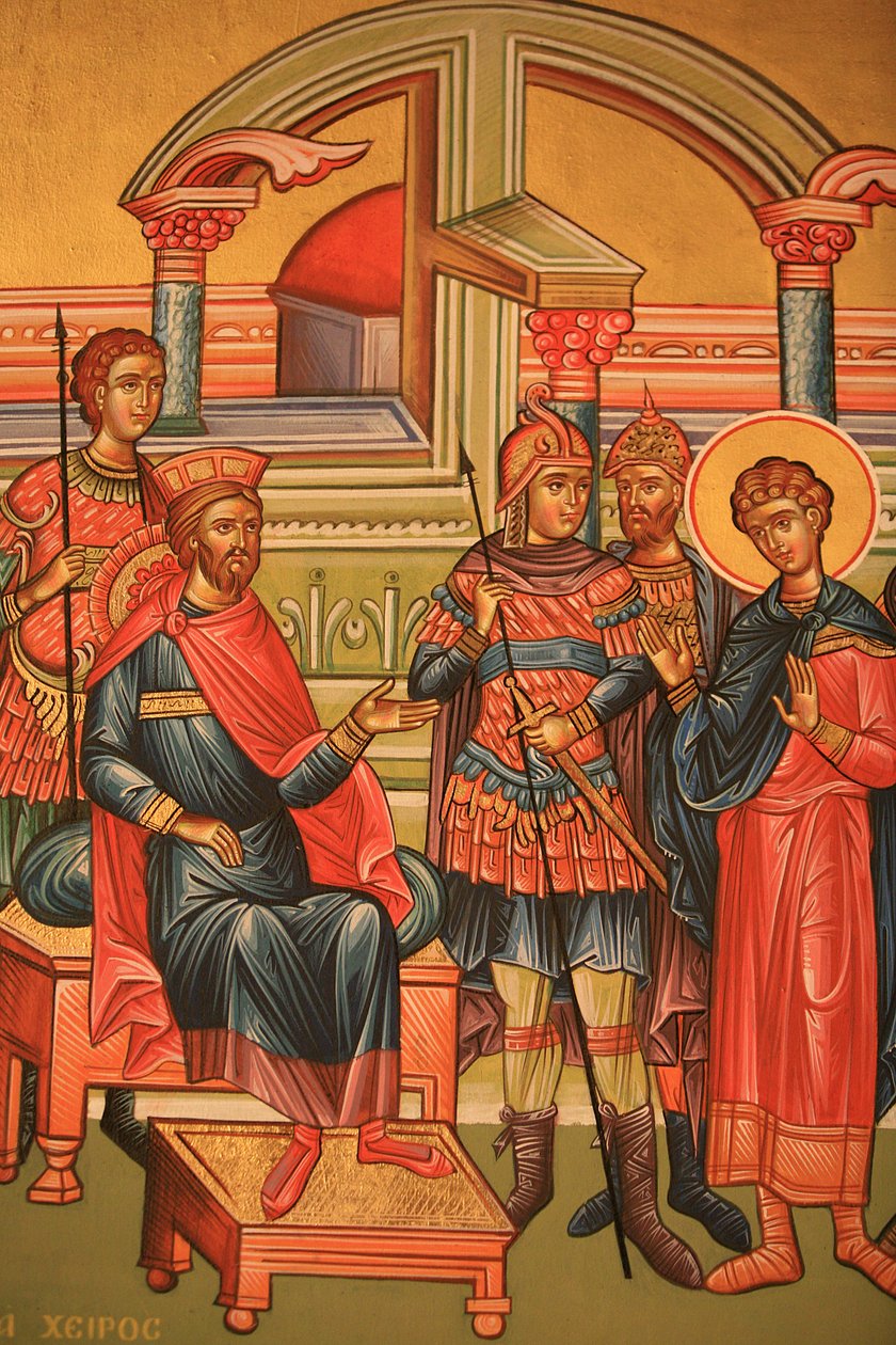 Gresk-ortodoks ikon som viser en martyr med en romersk guvernør Thessalonique Hellas av Unbekannt