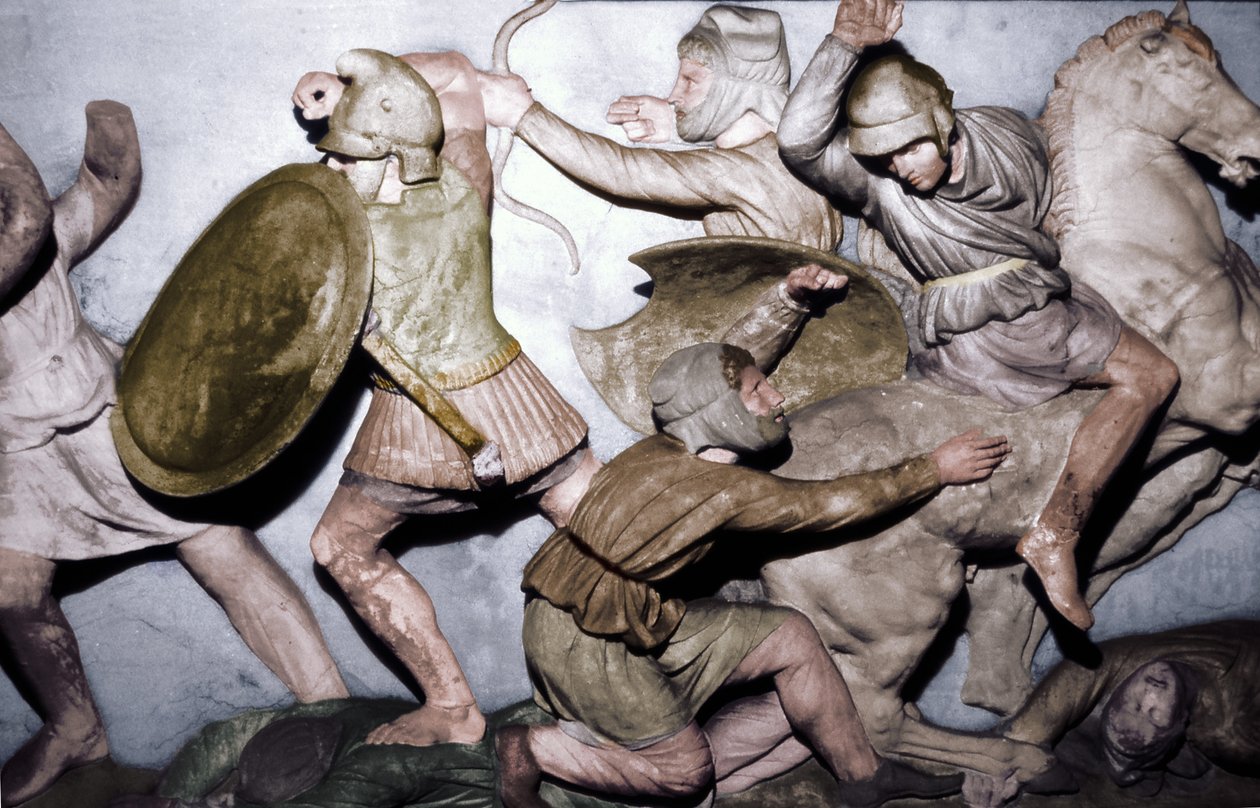 Grekere kjemper mot persere, Alexander Sarcophagus, Sidon, 4. århundre f.Kr., 20. århundre av Unbekannt