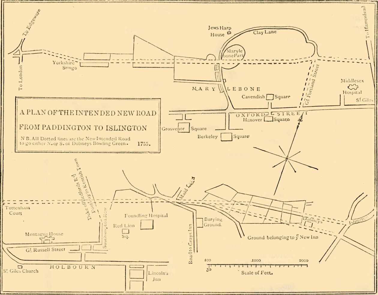 Grunnplan for New Road fra Islington til Edgware Road, 1755, c1876. av Unbekannt