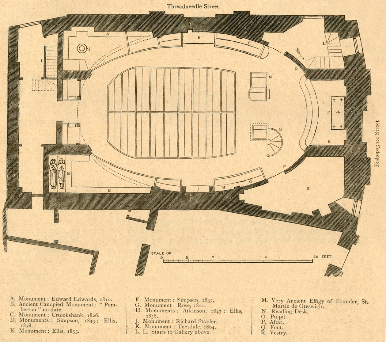 Grunnplan for den moderne kirken St. Martin Outwich, revet 1874, 1897. av Unbekannt