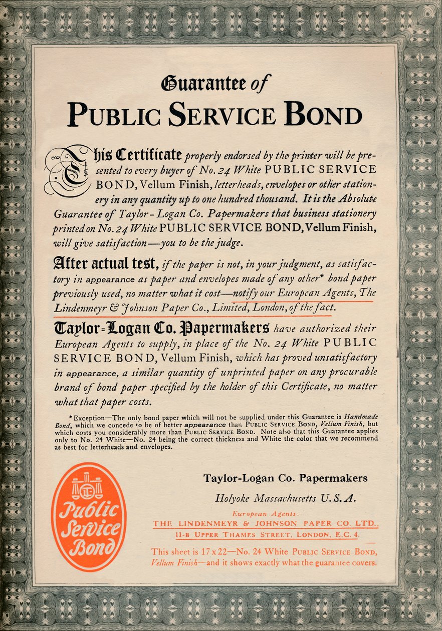 Garanti for offentlig tjenesteobligasjon - Taylor-Logan Co. Papermakers-annonse, 1919 av Unbekannt