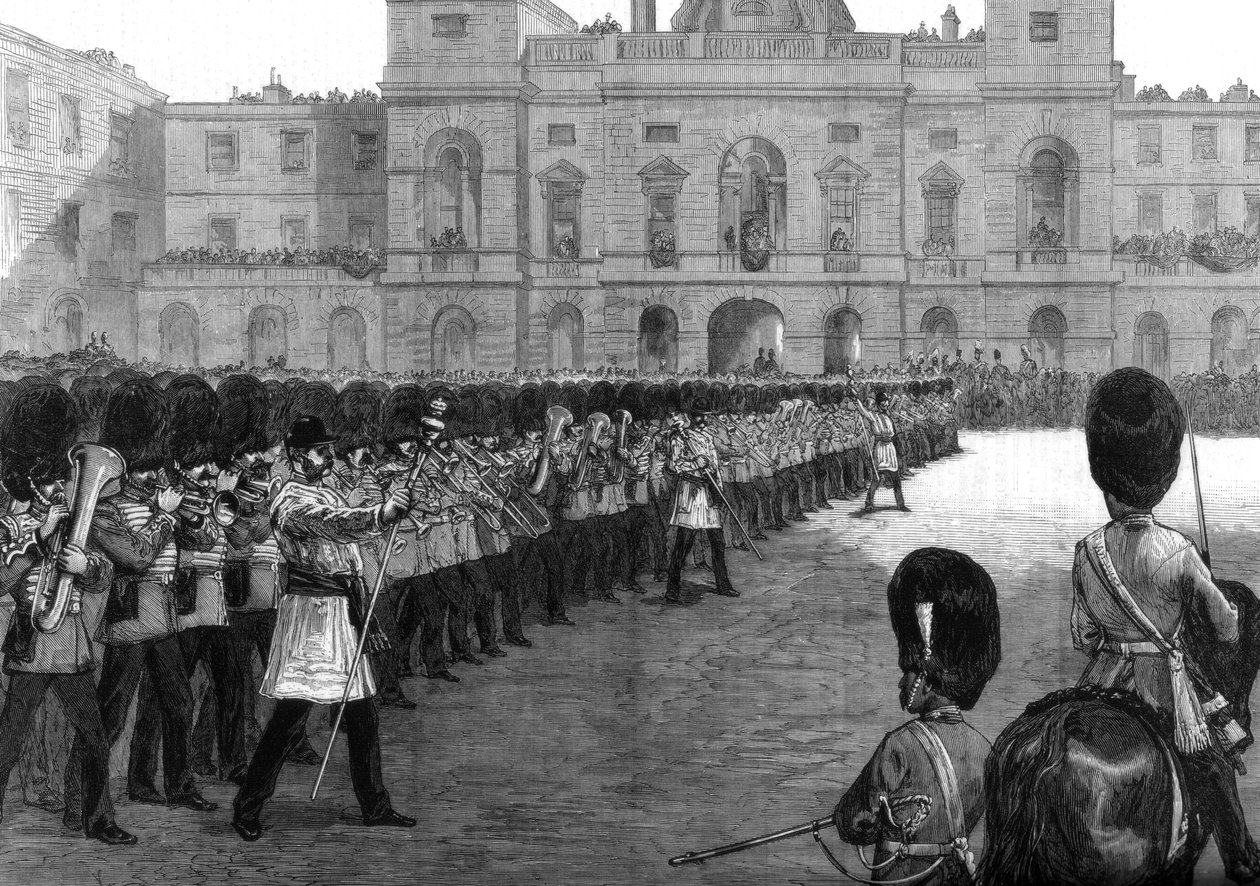 Vakter som tropper fargene i St James Park på Hennes Majestets fødselsdag, 1875 av Unbekannt