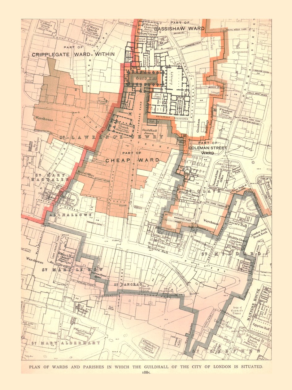 Guildhall City i London. Plan over menigheter og menigheter, 1885, 1886 av Unbekannt