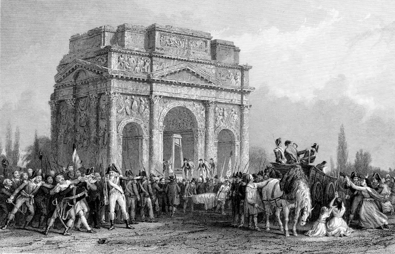 Giljotin satt opp under Marius-buen i Orange, Frankrike, den franske revolusjonen, 1793-1794 av Unbekannt