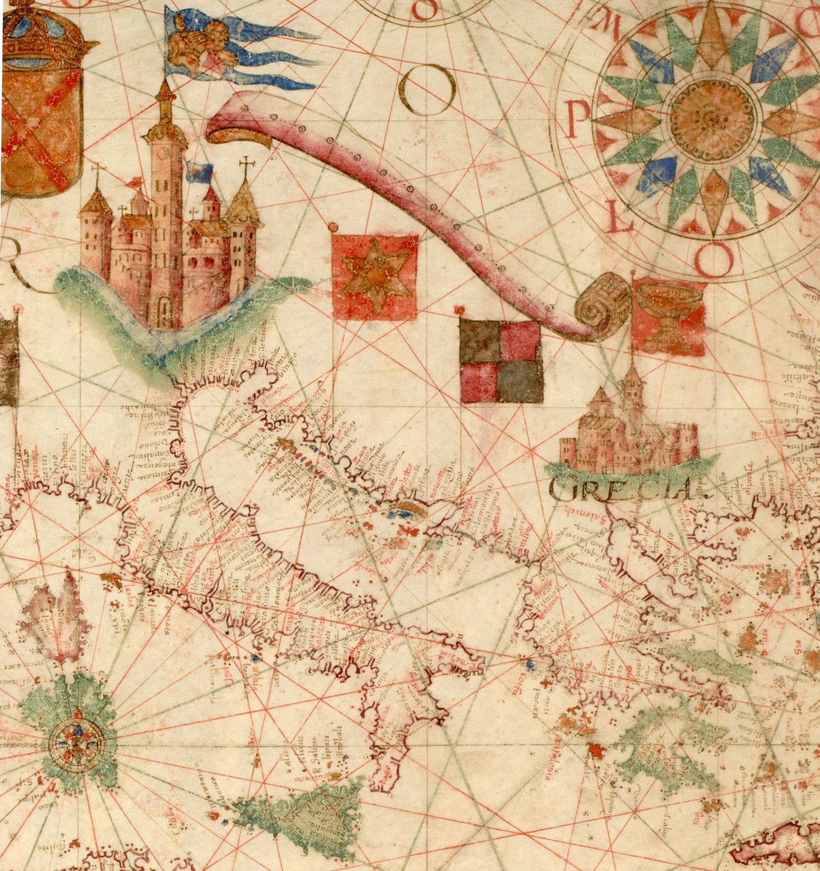 HM 1549   LUÍS TEIXEIRA, PORTOLANSKART. Lisboa, ca. 1600 Innskrevet på en rulle "Por Luis Te[ixe]ira em Lix[bo]a." Solgt i 1867 av Henry Stevens (1791-1867) til Henry Huth (1815-78), The Huth Library (1880), pt. 4, 1171. Salg av Alfred Henry Huth (1850-191 av Unbekannt