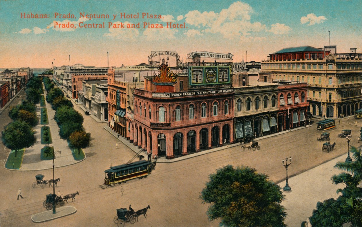 Havana: Prado, Neptuno og Hotel Plaza. Prado, Central Park og Plaza Hotel, c1910 av Unbekannt