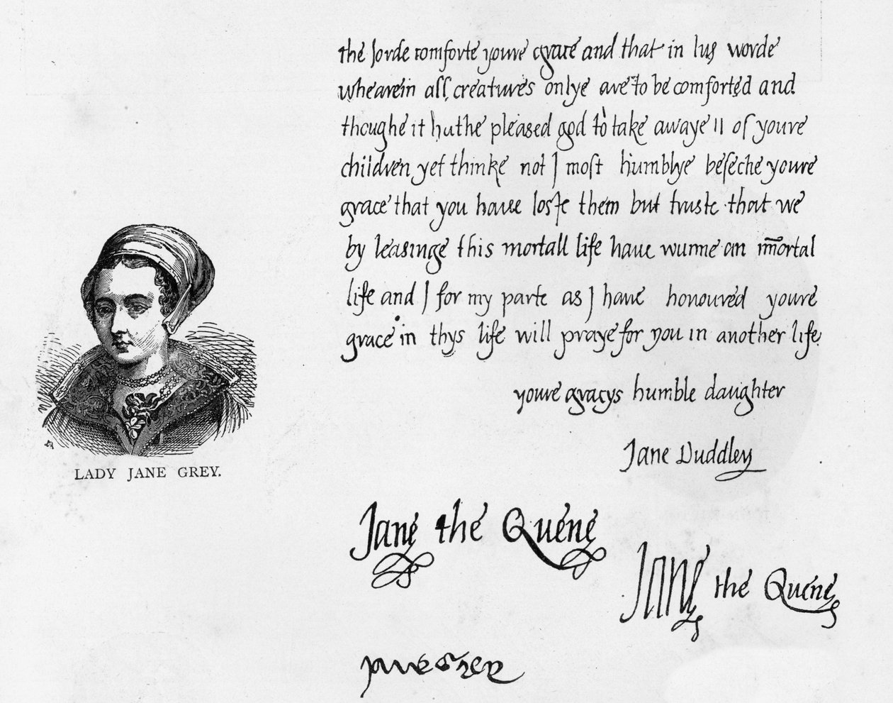 Håndskrift og signaturer til Lady Jane Gray som dronning med et brev signert Jane Dudley og skrevet til faren hennes, hertugen av Suffolk, rett før hennes henrettelse av Unbekannt