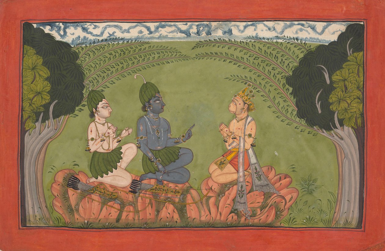 Hanuman før Rama og Lakshmana... den spredte 'Mankot' Ramayana-serien, ca. 1710-25. av Unbekannt