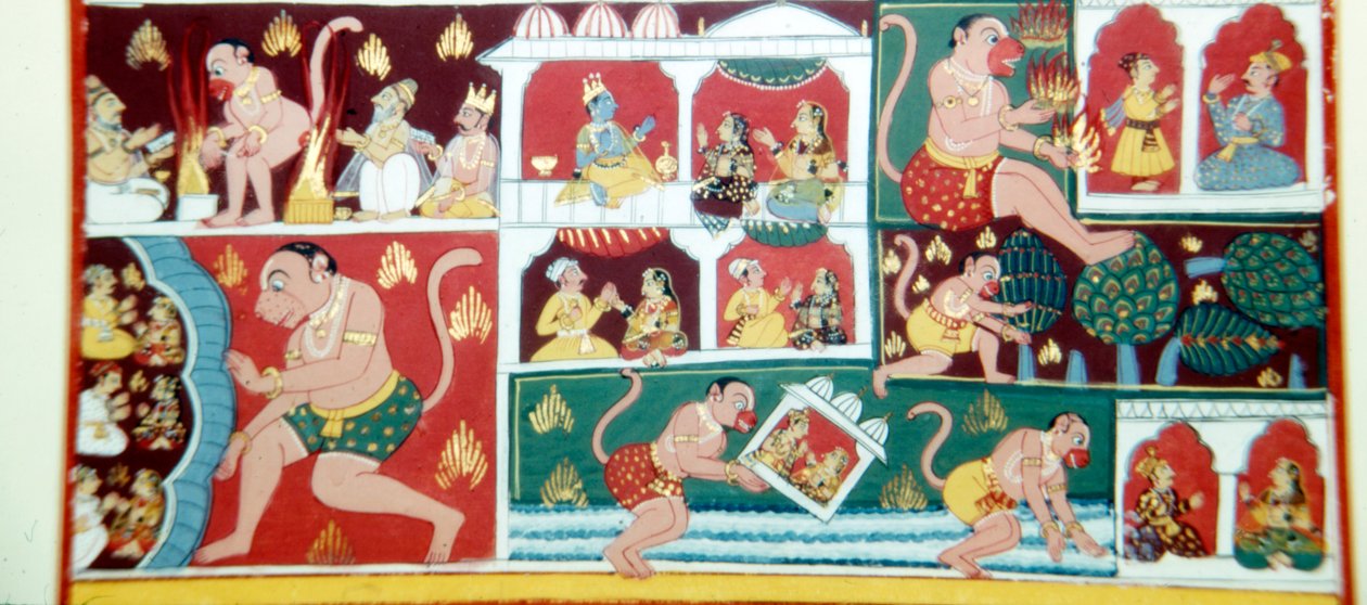 Hanuman, Monkey-Demon, forårsaker ugagn blant menn, c1730 av Unbekannt